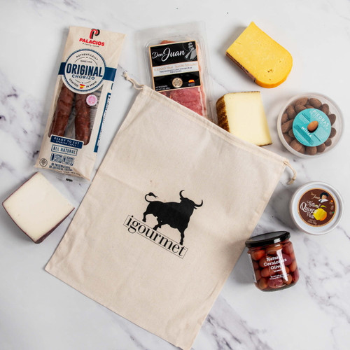 Igourmet A Little Bit Of Spain In A Gift Box - Includes:  Jamon Serrano Ham, Manchego Cheese, Murcia Al Vino Cheese, Mahon Cheese,  Spanish Olives, Chocolate Largueta Almonds, And Chorizo