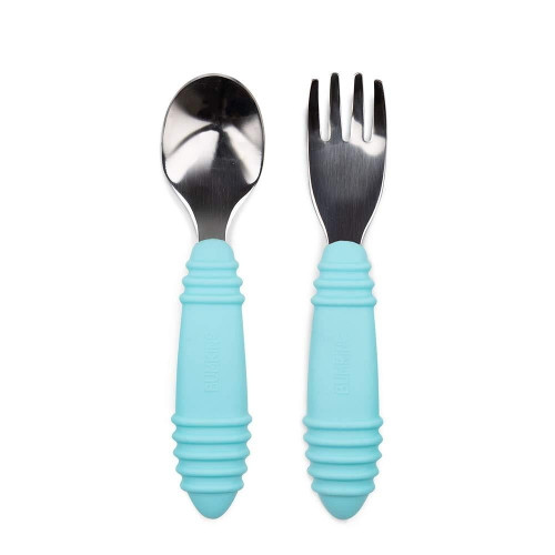 Bumkins Toddler Fork And Spoon Set, Stainless Steel & Silicone For 18 Mos+ (blue)
