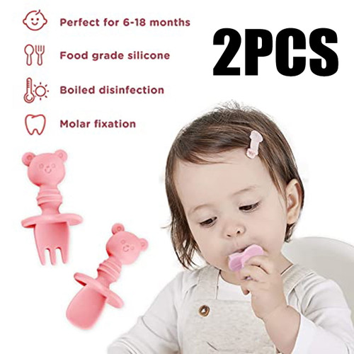 2pieces Baby Fork And Spoon Set, Silicone Self Feeding Cutlery Easy Grip Toddler Cutlery Set Infants 6 Months+, Bpa Free Self Feeding Training