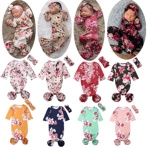 Newborn Baby Girl Sleepwear Nightgown Floral Sleeping Gown Headband Sleeping Bags Coming Home Outfits 0-6months