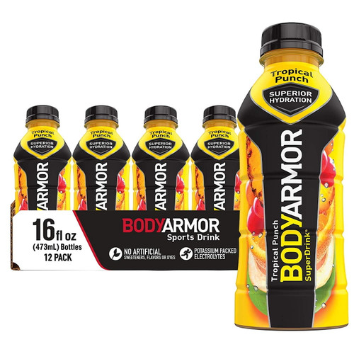 Bodyarmor Sports Drink Sports Beverage, Tropical Punch, Natural Flavor With Vitamins, Potassium-packed Electrolytes, No Preservatives, Perfect For Athletes, 16 Fl Oz (pack Of 12)