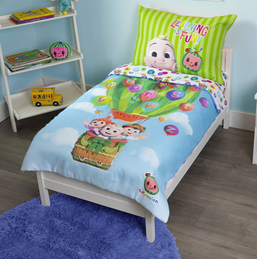 Cocomelon Let's Go Play  4-piece Toddler Bedding Set, Toddler Bed, Blue, Green,