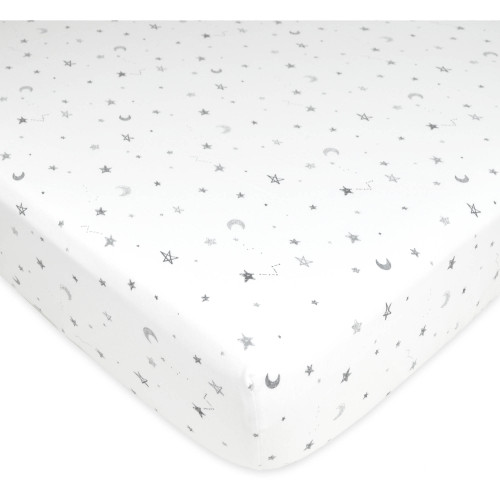 American Baby Company Printed 100% Cotton Jersey Knit Fitted Crib Sheet For Standard Crib And Toddler Mattresses, Grey Stars And Moon, For Boys And Girls