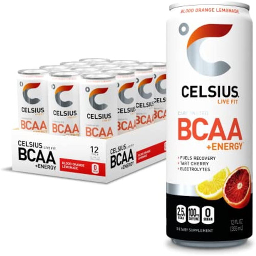 Celsius Bcaa +energy Sparkling Post-workout Recovery & Hydration Drink, Slim Can, Blood Orange Lemonade, 12oz (pack Of 12), 144 Fl Oz