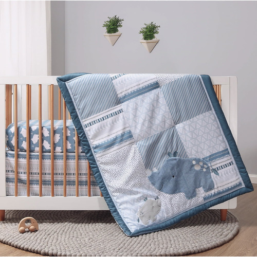 The Peanutshell Little Rhino Crib Bedding Set For Baby Boys, 3 Piece Nursery Set, Blue