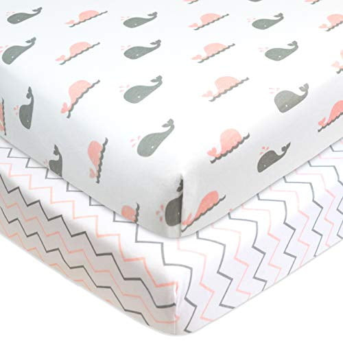 American Baby Company Printed 100% Natural Cotton Jersey Knit Fitted Pack N Play Playard Sheet, Pink Whale/zigzag, Soft Breathable, For Girls, Pack Of 2