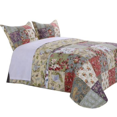 Eiger 3 Piece Fabric Queen Size Quilt Set With Jacobean Prints, Multicolor