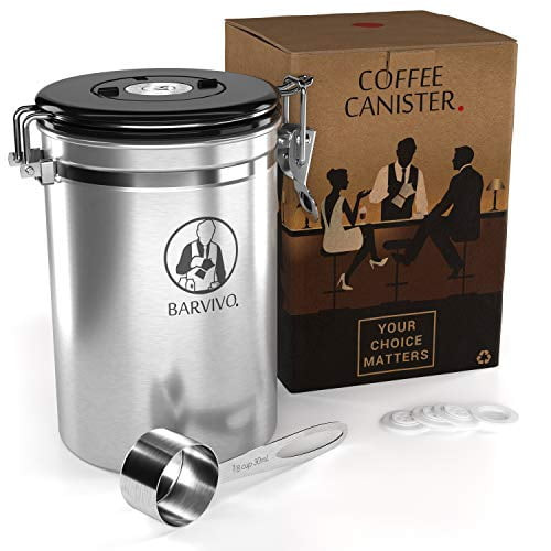Barvivo Stainless Steel Coffee Canister - Large - Keep Your Best Coffee Beans And Grounds Fresh For Months - Airtight Container With Co2-release Valve, An Engraved Date Tracker And Meas