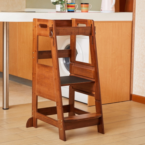 Toetol Bamboo Kids' Step Stool 2 Steps Adjustable Kitchen Toddler Tower For Ages 1-5 Safe Up To 150 Lbs Brown