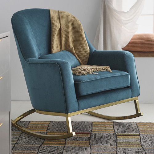 Modrn Glam Velvet Rocking Chair, Teal With Satin Brass, Lumbar Pillow Included