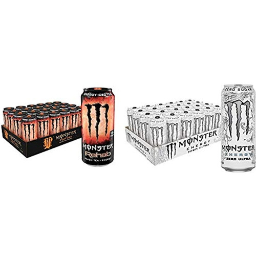 Monster Rehab Peach Tea + Energy, Energy Iced Tea, 15.5 Ounce (pack Of 24) & Monster Energy Zero Ultra, Sugar Free Energy Drink, 16 Ounce (pack Of 24)
