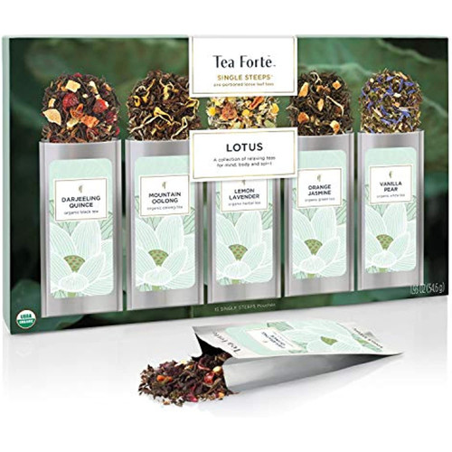 Tea Forte Single Steeps Loose Leaf Tea Sampler, Assorted Variety Tea Box, 15 Single Serve Pouches (sampler - Lotus)