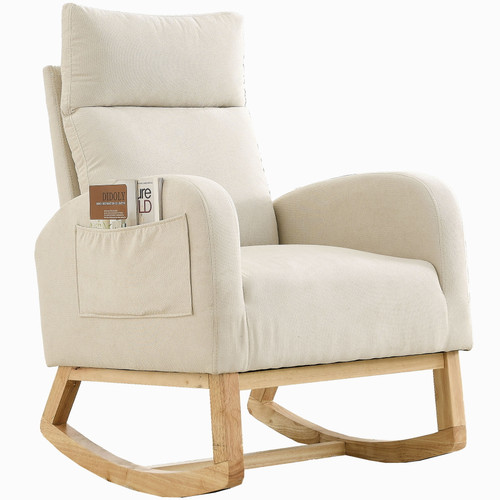 Syngar Modern Rocking Chair, Upholstered Fabric Accent Rocker Chair Solid Wood Curved Base High Back Nursery Armchair Single Sofa Chair With 2 Side Pocket For Living Room, Bedroom, Office, Beige