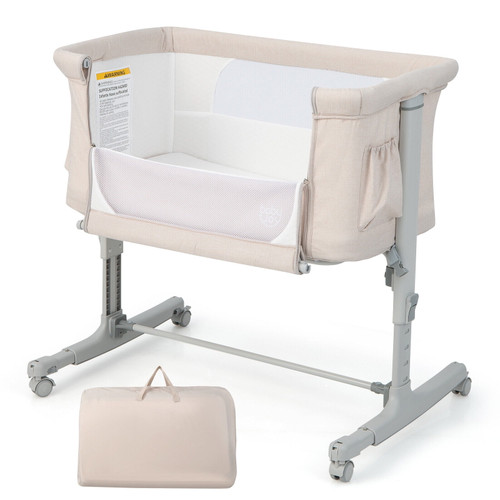 Gymax 3-in-1 Baby Bassinet Beside Sleeper Crib With 5-level Adjustable Heights Beige