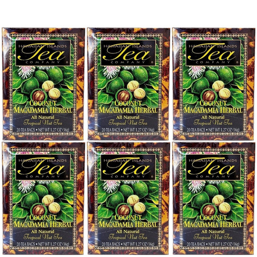 Hawaiian Islands Tea, Coconut Macadamia Flavor Herbal Tea, All Natural Tea - Six Boxes With 20 Tea Bags Per Box.