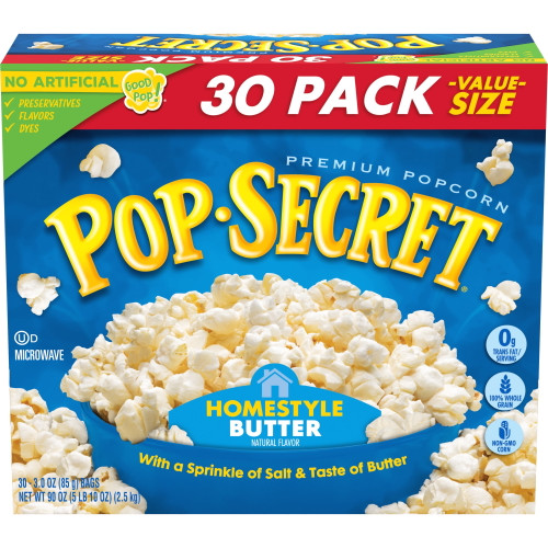 Pop Secret Microwave Popcorn, Homestyle Butter Flavor, 3 Oz Sharing Bags, 30 Ct