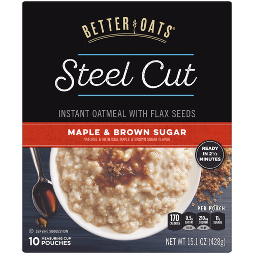 Better Oats Steel Cut Maple & Brown Sugar Quick Cook Oatmeal With Flax Seed, Instant Oatmeal Packets, 15.1 Oz
