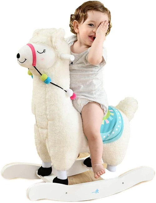 Baby Rocking Horse - White Alpaca Baby Plush Rocker Toys, Plush Wooden Riding Horse For 1-3 Years Boy&girl, Toddler Outdoor&indooor Toy Rocker, Plush Animal Rocker, Infant Gift Alpaca