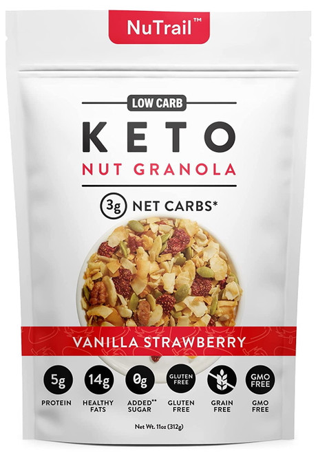 Nutrail - Keto Vanilla Strawberry Nut Granola Healthy Breakfast Cereal - Low Carb Snacks & Food - 3g Net Carbs - Gluten Free, Grain Free - Almonds, Pecans, Coconut And More (11 Oz) (1 Count) 1 Count