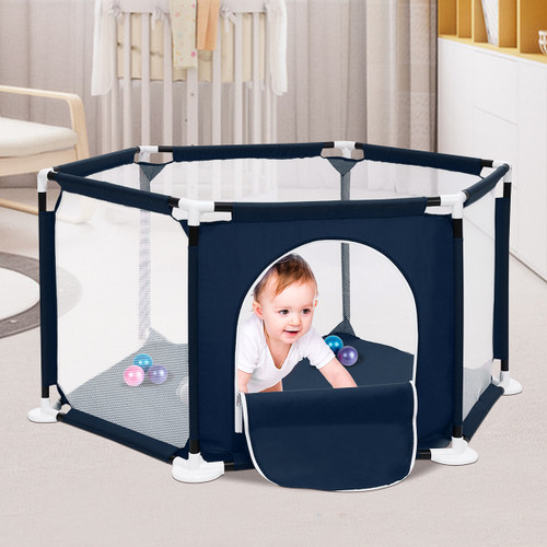 Singes Deluxe Portable Baby Playpen, 6-panel Play Yard With Breathable Mesh & Zipper Door, Indoors Or Outdoors Play Space Interactive  Fence For Babies Toddler Infant,navy