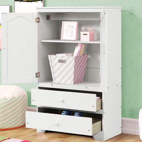 Irerts Kids Wardrobe Wood Closet Storage Cabinet, Freestanding Kids Dress Up Closet Clothing Rack With Doors, 2 Drawers, Clothes Rail, White