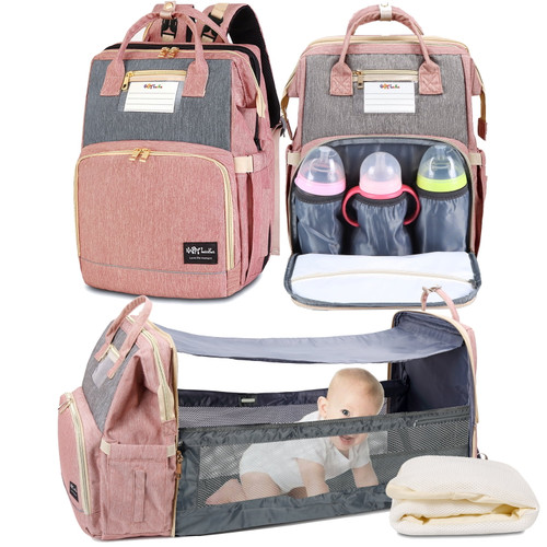 Happyluoka 3 In 1 Diaper Backpack With Changing Station, Baby Boy Diaper Bags, Baby Girl Nappy Bag, Mauve