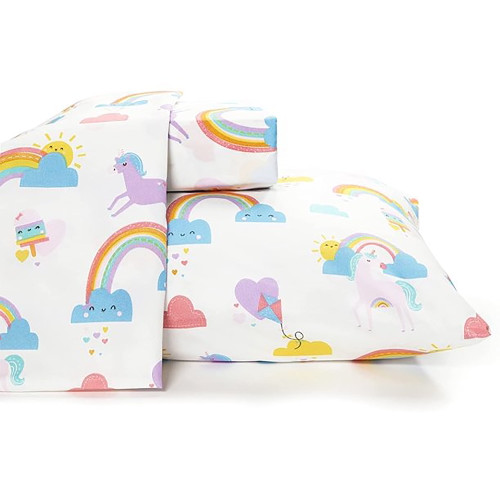 Queen Size Bed Sheet Sets With Deep Pockets In Rainbows And Unicorn Print On White - 4 Pieces Bedding Set For Kids And Newborns - 1500 Tc Microfiber, Ultra Soft, Wrinkle Resistant And Breathable