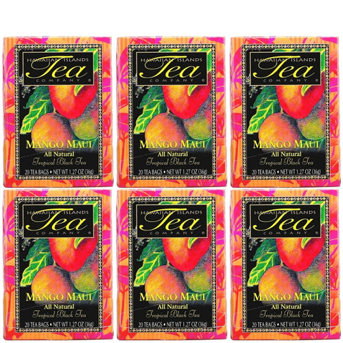 Hawaiian Islands Tea, Mango Maui Flavor Tropical Black Tea, All Natural - Six Boxes With 20 Tea Bags Per Box.