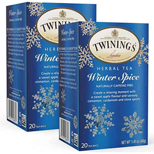 Twinings Tea Winter Spice Herbal Tea, Floral Chamomile Tea With Cinnamon Apple Spice & Sweet Cardamom, Caffeine Free, Soothing Hot Tea, Iced Tea Or Cold Brew Beverage, 2 Pack - 20 Tea Bags Per Box