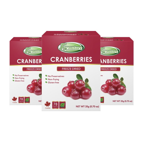 Frenature Freeze Dried Cranberries, Freeze Dried Fruits From Canada, Chrispy Whole Cranberry, Camping Food & Healthy Snacks, Gluten Free And Vegan, 0.7 Ounce (pack Of 3)