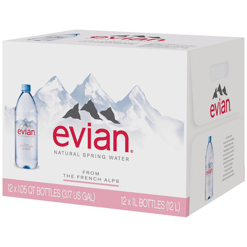 Evian Natural Spring Water, 1 Liter (33.8 Fluid Ounce) Premium Water Bottles, 12 Pack - Set Of 2