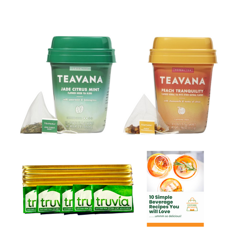 Tea Set -teavana Jade Citrus Mint Green Tea, Peach Tranquility Herbal Tea Caffeine Free, Honey Sticks With Zero Calorie Sweetener, Recipe Book