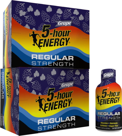 5-hour Energy Regular Strength Energy Shot | Grape Flavor | 1.93 Oz. | 24 Count | Sugar-free & Zero Calories | B-vitamins & Amino Acids | 200mg Caffeinated Energy Shot | Dietary Supplement