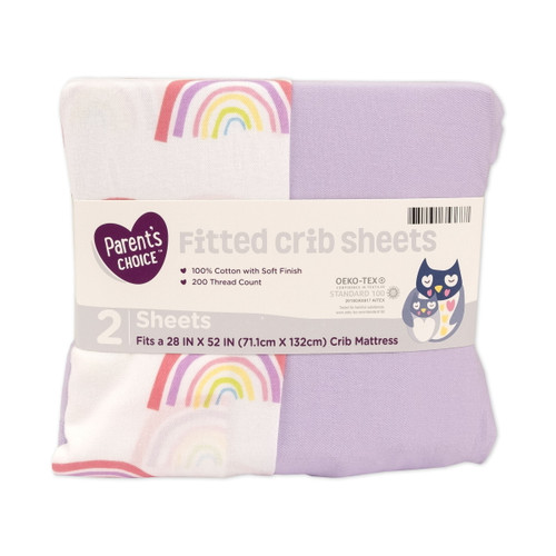 Parent's Choice 100% Cotton Fitted Crib Sheets, 2-pack, Rainbow