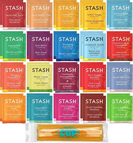 Stash Herbal & Decaf Tea Sampler - 40 Tea Bag, 20 Flavor Assortment - With By The Cup Honey Sticks
