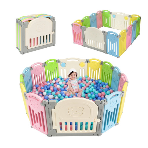 Infans Baby Playpen, 14-panel Foldable Kids Safety Activity Center Playard With Locking Gate, Non-slip Rubber Bases, Adjustable Shape, Portable Design For Indoor Outdoor Use (colorful)