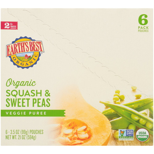 Earth's Best Puree Squash & Sweet Peas 3.5oz - Stage 2 Baby Food (pack Of 6)
