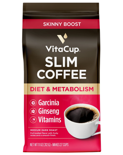 Vitacup Slim Ground Coffee, Boosts Metabolism & Skinny Diet, 11 Oz Bag, Medium Roast, With B Vitamins, Ginseng & Garcinia Cambogia, Bold & Smooth Coffee Grounds For Drip Coffee Brewers, French Press