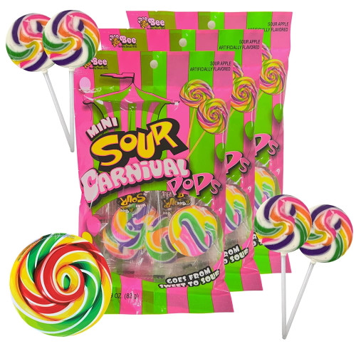 Mini Sour Carnival Lollipop Packs, Shareable Individually Wrapped Traditional Multi Colored Swirl Pops, Candy Magnet Included, 7 Lollipops Per Bag, 3 Pack