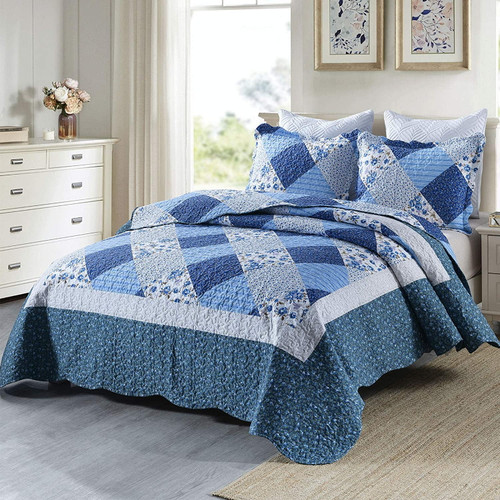 Honeilife 3 Piece Quilt Set Microfiber Bedspreads, Blue And White Porcelain Pattern, Queen Size