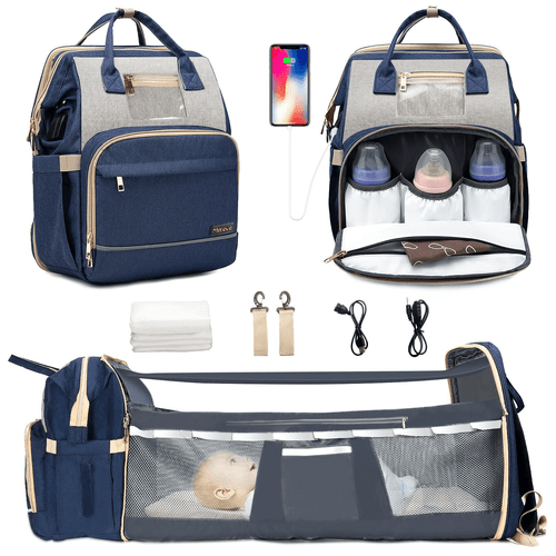 Merece Diaper Bag Backpack With Changing Station, Waterproof Multi-functional Unisex Baby Pack & Usb Charging Port-blue