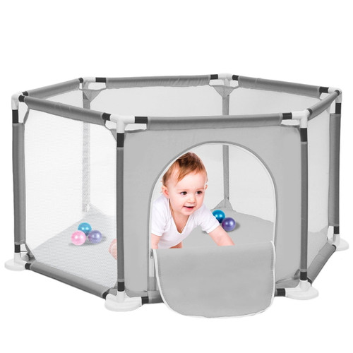 6-panel Baby Playpen, 55x25in Playard, Indoor & Outdoor Kids Activity Center With Zipper Door, Sturdy Safety Play Yard With Super Soft Breathable Mesh, Fence Play Area For Babies, Toddler(gray)