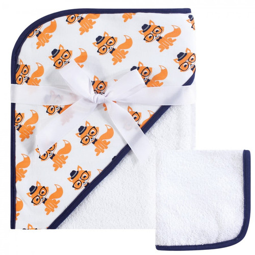 Hudson Baby Infant Boy Cotton Hooded Towel And Washcloth 2pc Set, Nerdy Fox, One Size