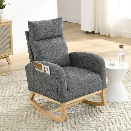 Syngar Rocking Chair, Upholstered Fabric Nursery Chair, Nursery Glider With High Back And 2 Side Pockets, Rocking Chairs With Wood Curved Base, Glider Chair For Living Room, Home Office, Gray
