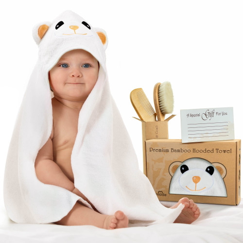 Kermode Baby Hooded Towel Set – 100 % Bamboo Baby Bath Set With Baby Washcloths, Includes, Wooden Comb, Soft Baby Brush – Premium Natural Organic Bamboo Washcloths – Baby Towels For Boys And Girls