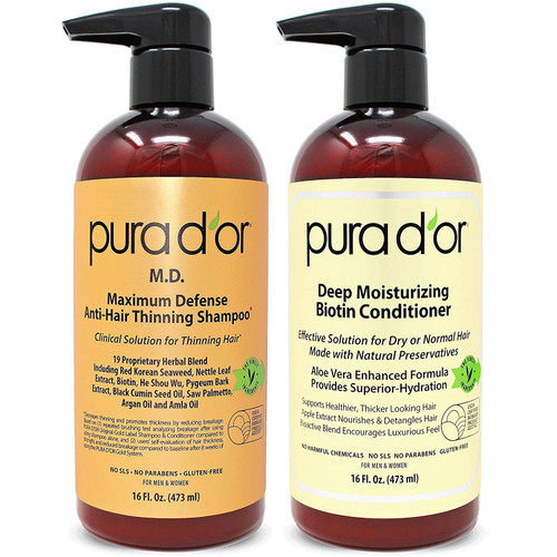 Pura D'or Md Anti-thinning Shampoo & Deep Moisturizing Conditioner Set (16oz X 2) Biotin, Coal-tar 19+ Herbal Dht Blockers Reduce Hair Thinning And Healthy Scalp, Men & Women