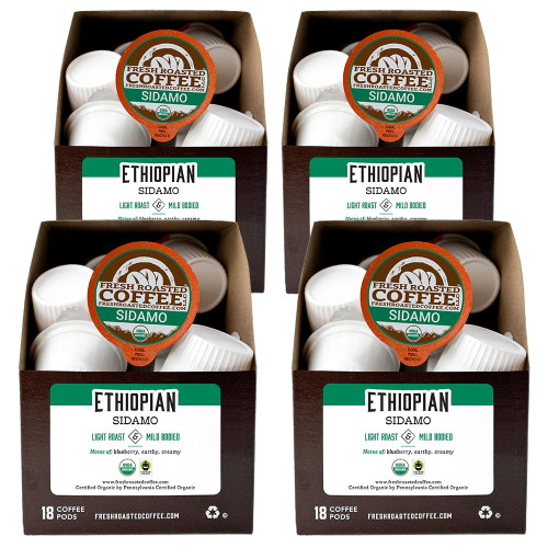 Fresh Roasted Coffee, Organic Ethiopian Sidamo Coffee Pods, Light Roast, K-cup Compatible, 72 Count
