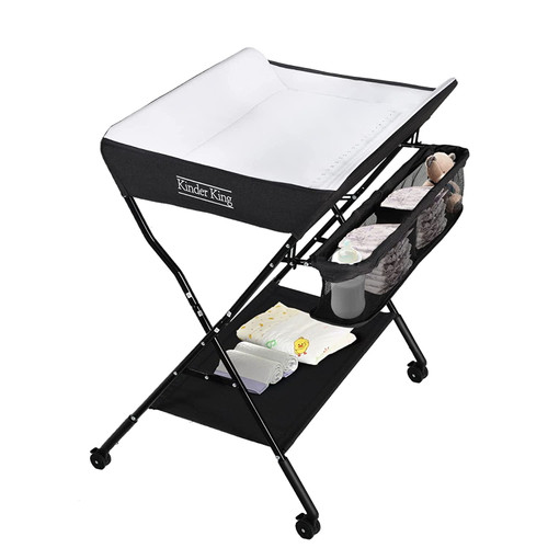 Kiaisxes Portable Baby Changing Table W/wheels, Adjustable Height Folding Infant Diaper Station, Mobile Newborn Nursery Organizer, Large Storage Rack, Black