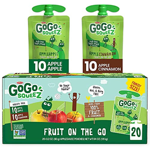 Gogo Squeez Fruit On The Go Variety Pack, Apple Apple & Apple Cinnamon, 3.2 Oz. (20 Pouches) - Tasty Kids Applesauce Snacks - Gluten Free Snacks For Kids - Nut & Dairy Free - Vegan Snacks