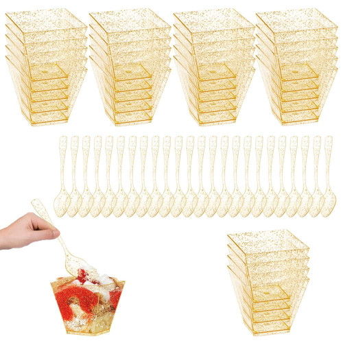 Famure 25pcs Dessert Cups Square Mini Cheesecake Cups With Spoons Mini Cheesecake Pots Reusable Yogurt Parfait Containers For Desserts Puddings Mousse And More Workable